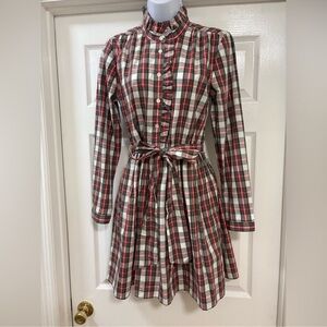 J. Crew Factory Red and White Checkered Long Sleeve Dress